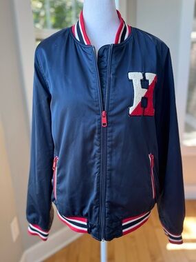 Tommy Hilfiger Navy Blue Bomber Letter Jacket with Red & White Trim Sz Medium